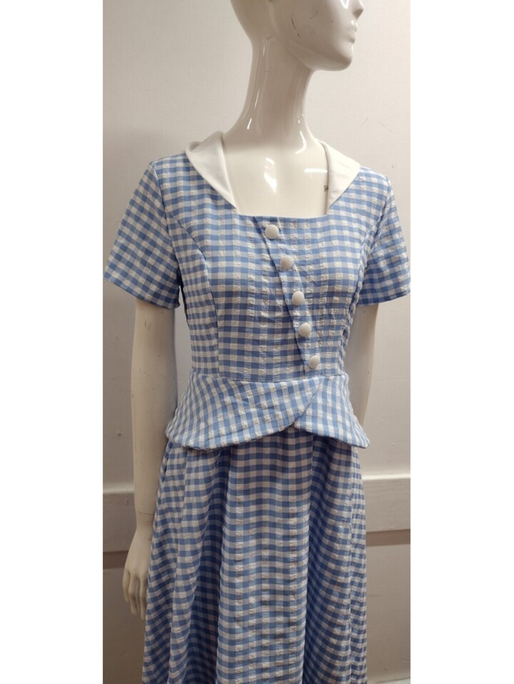 1930s Retro Blue Gingham Dress Modern Dorothy Style Stretch Medium Waist 30 NEW